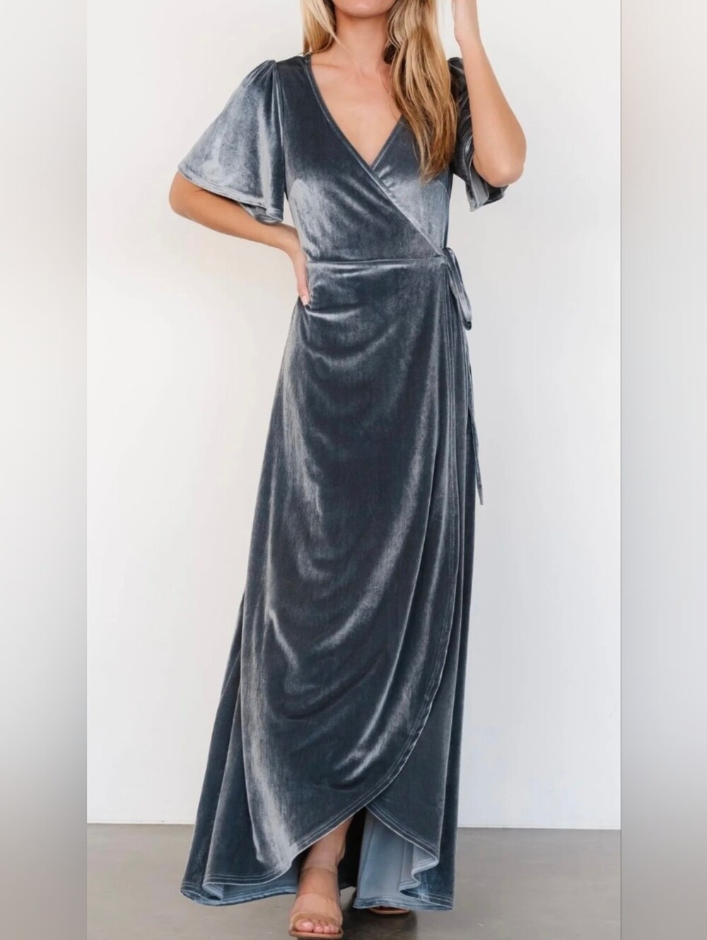 NWT Baltic Born Women's Katelyn Velvet Maxi Wrap Dress Grey XL Short Sleeve